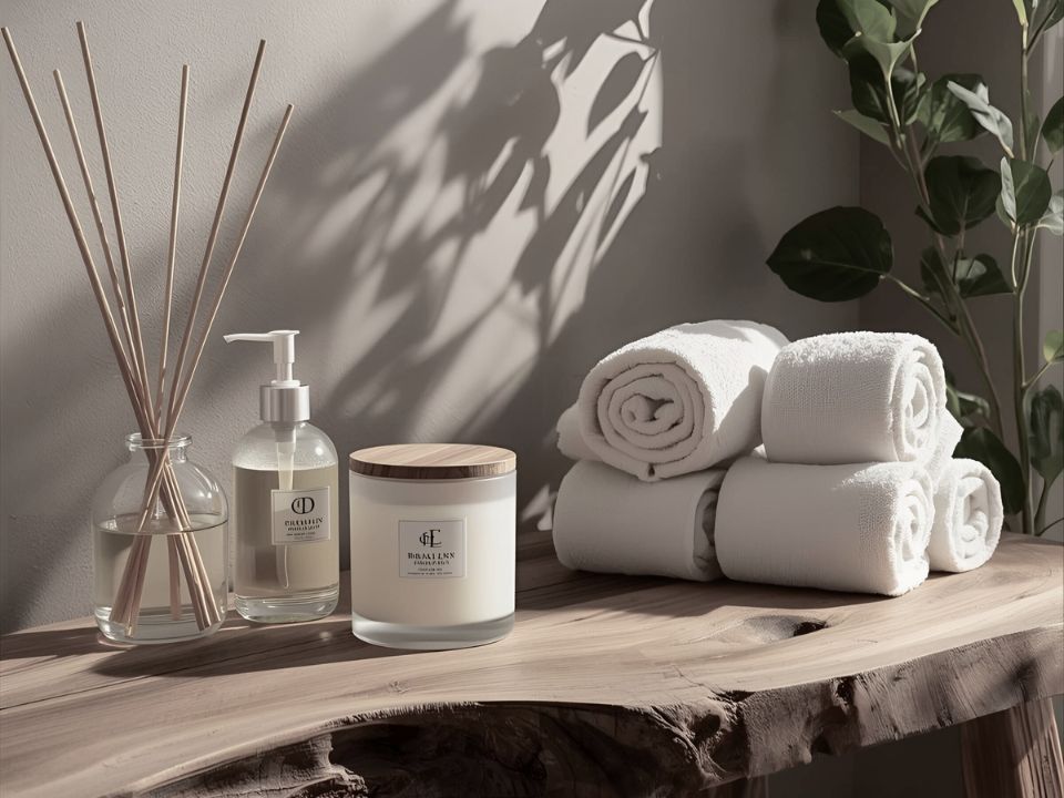 木の台の上にキャンドル、ポンプボトル、リードディフューザー、白いタオル
