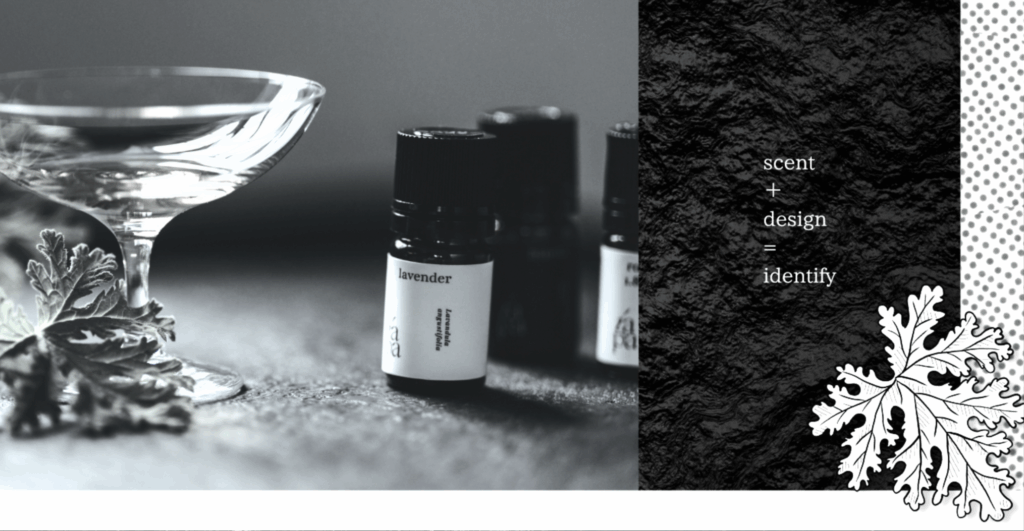 精油、、ワイングラス、ゼラニウムの葉のイラスト、サイトのTOP画像