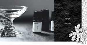 精油、、ワイングラス、ゼラニウムの葉のイラスト、サイトのTOP画像