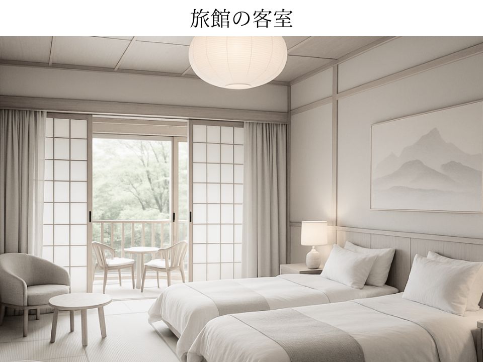 旅館の客室。たたみの部屋にベッドと一人がけソファ。