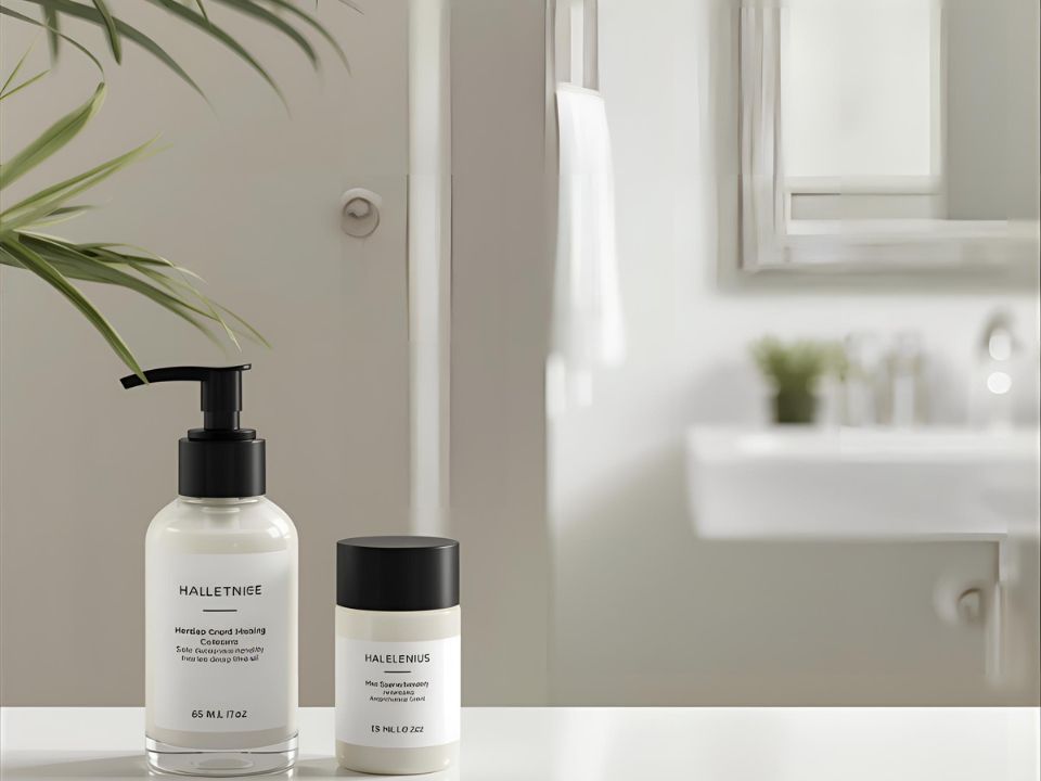 台の上にボトルが２本。奥には洗面台と鏡